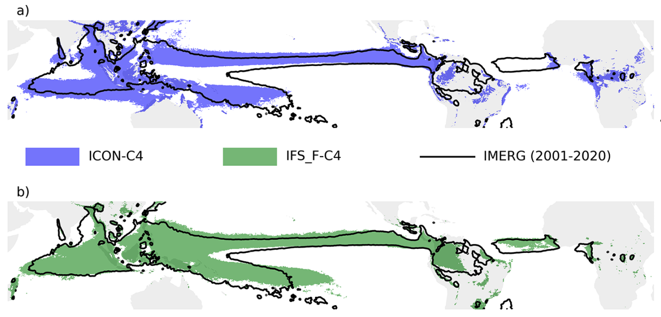 On the left, tropical rainbelt in ICON-C4 (a) and IFS_F-C4 (b) averaged over 2021 to 2025. The tropical rainbelt from IMERG (Huffman et al., 2019) averaged over 2001 to 2020 is outlined by black contour lines. On the right, zonal mean precipitation corresponding to the rainbelts on the left averaged over the western Pacific (c).
